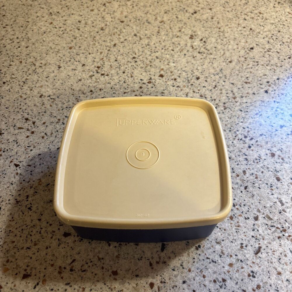 Vintage Tupperware Square with Lid - blue/tan, 1980s-1990s 311-25 & 310-62